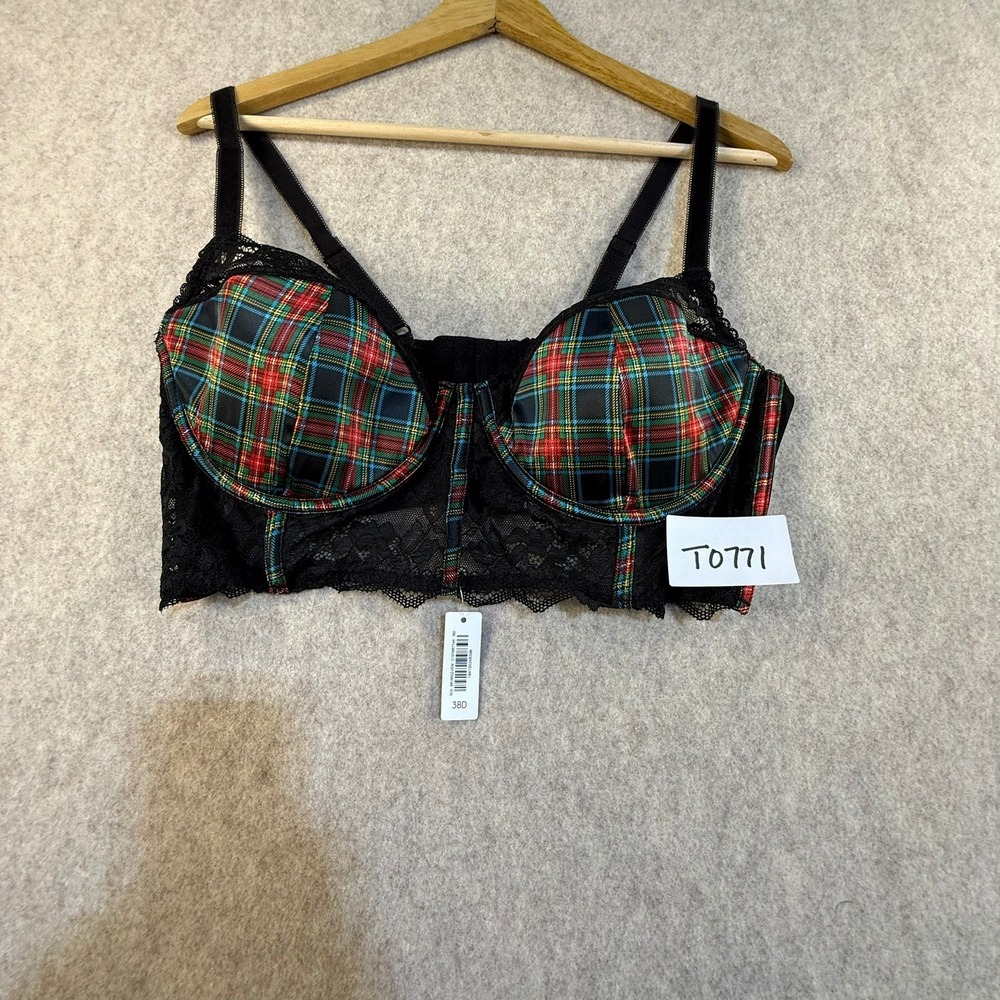 Adore Me Plaid Lace Longline Demi Bra 38D and Thong L Set Black Red Green T0771